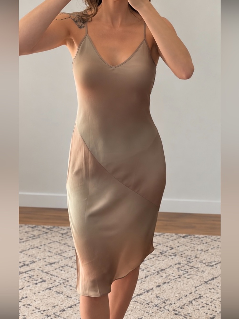 Babaton Aritzia Satin Slip Midi Dress Taupe Bias Cut V Neck Strappy S